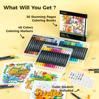 Ohuhu Water Based Brush & Fine Tips Art Markers with Bleed-Proof Coloring Book