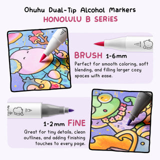 Ohuhu x Coco Wyo Cozy Mood Coloring Kit, Honolulu B 48 Colors Alcohol Markers with Brush & Fine Dual Tips, Coloring Book with Mood Tracker Pages