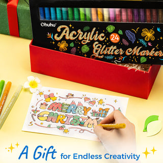 Ohuhu Acrylic Metallic Glitter Markers, 24 Colors - 0.7mm & 3mm Tip Paint Pens
