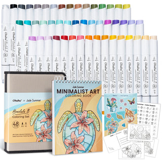 Ohuhu x Jade Summer Alcohol Markers & Coloring Book Set, 47 Colors + 1 Colorless Blender, Honolulu B, Brush & Fine Dual Tips