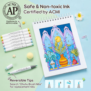 Ohuhu x Jade Summer Alcohol Markers & Coloring Book Set, 47 Colors + 1 Colorless Blender, Honolulu B, Brush & Fine Dual Tips