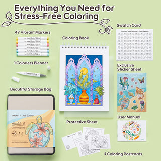 Ohuhu x Jade Summer Alcohol Markers & Coloring Book Set, 47 Colors + 1 Colorless Blender, Honolulu B, Brush & Fine Dual Tips