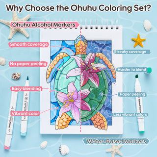 Ohuhu x Jade Summer Alcohol Markers & Coloring Book Set, 47 Colors + 1 Colorless Blender, Honolulu B, Brush & Fine Dual Tips