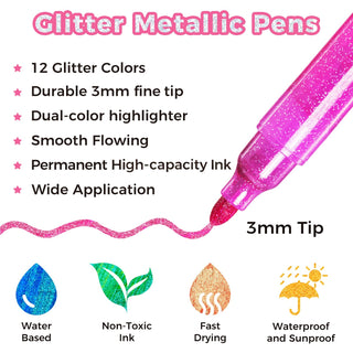 Ohuhu Water-Based Glitter Metallic Marker Pens, 12 Shimmer Colors