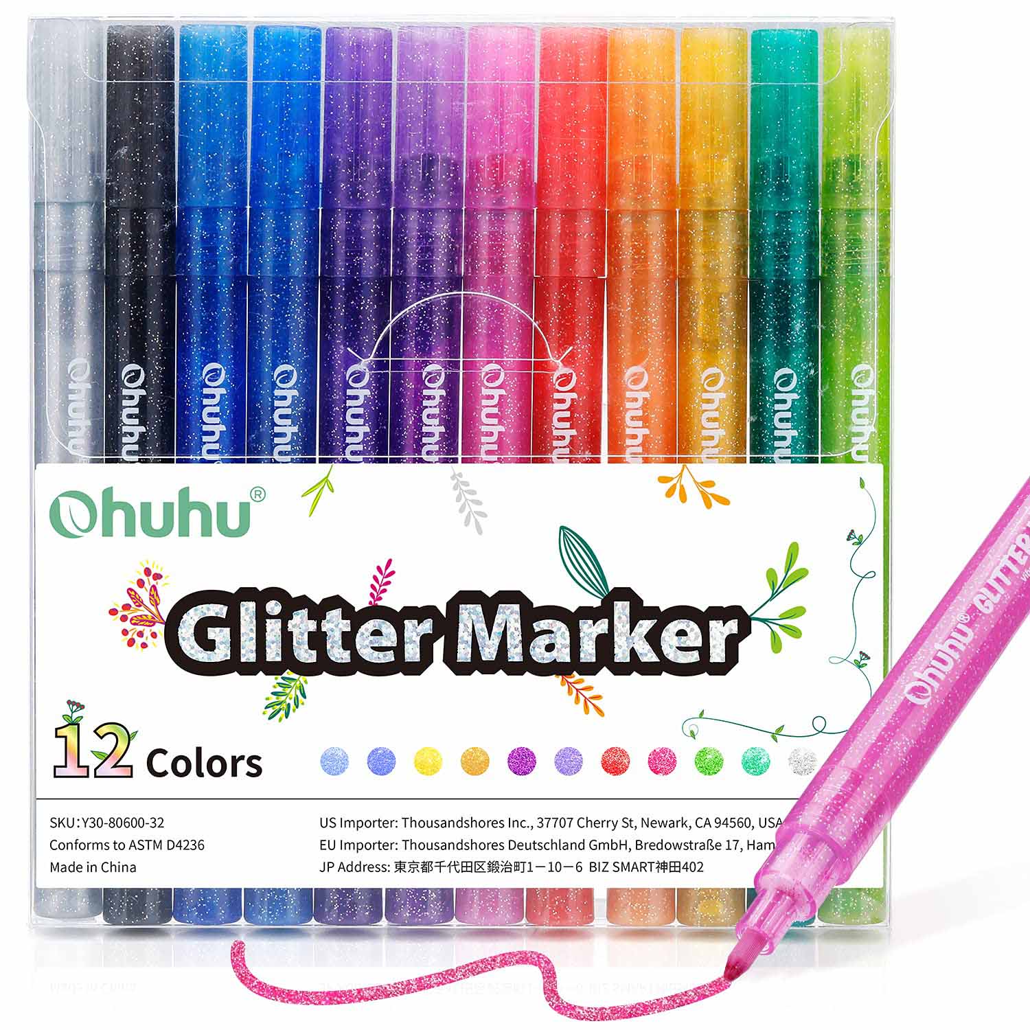 Water Based Glitter Marker Pens 12 Shimmer Colors